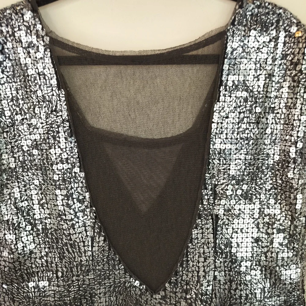 Free People Sequin Mini Dress Womens Medium Sheer Mesh V-Neck Party Glam Silver